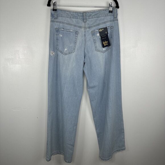 Indigo Rain Size 9 Jeans Extra Wide Leg Low Rise Organic Cotton Distressed NWT - Picture 7 of 12